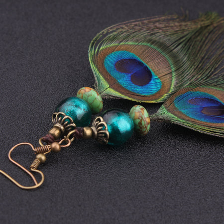 Boucles d'oreilles en plumes de paon & pierres naturelles