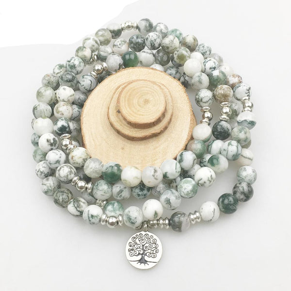 Bracelet Mala "Arbre de Vie" de 108 perles en Agate Arbre