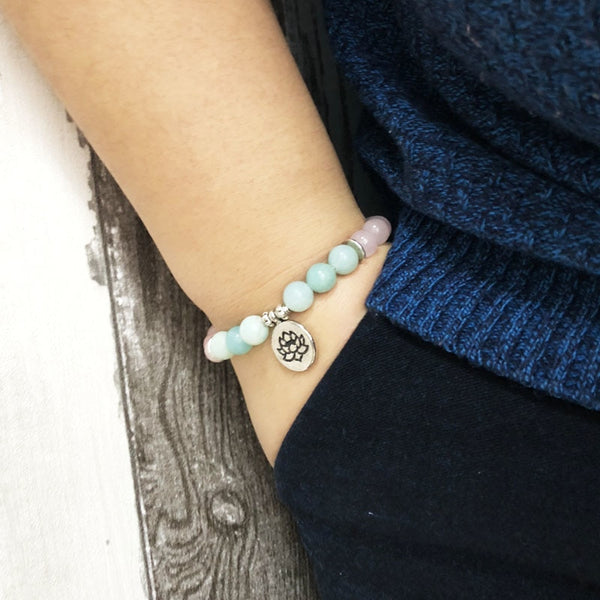 Bracelet "Amour et Calme intérieur" en Quartz Rose et Amazonite - 3 pendentifs disponibles