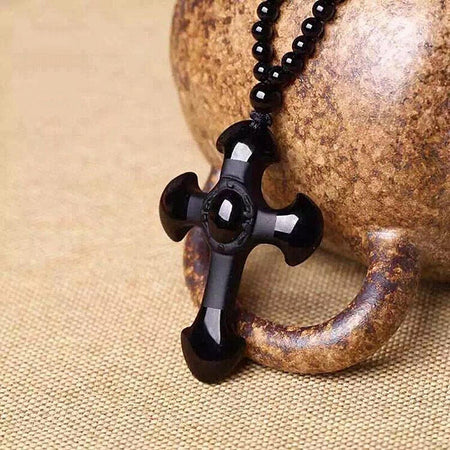 Collier Crucifix en Obsidienne