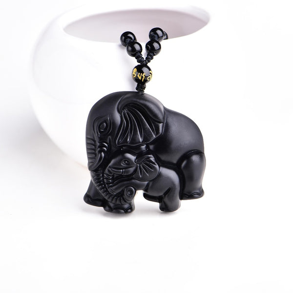 Collier "Éléphant et Protection" en Obsidienne Noire