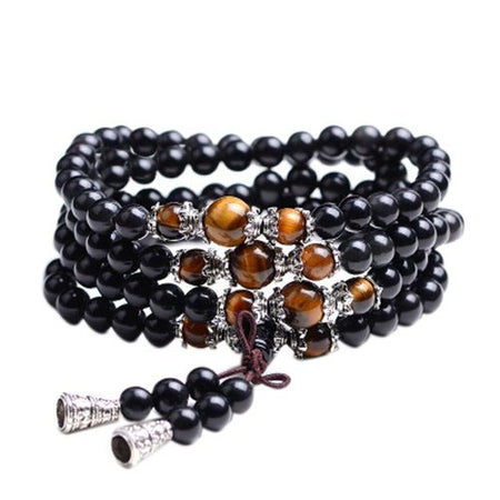 Bracelet Mala Bouddhiste Obsidienne/Oeil de Tigre
